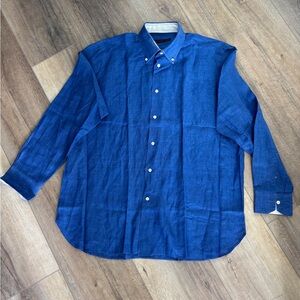 One Hundred % Bijan Men's Blue Button-Down Linen Shirt